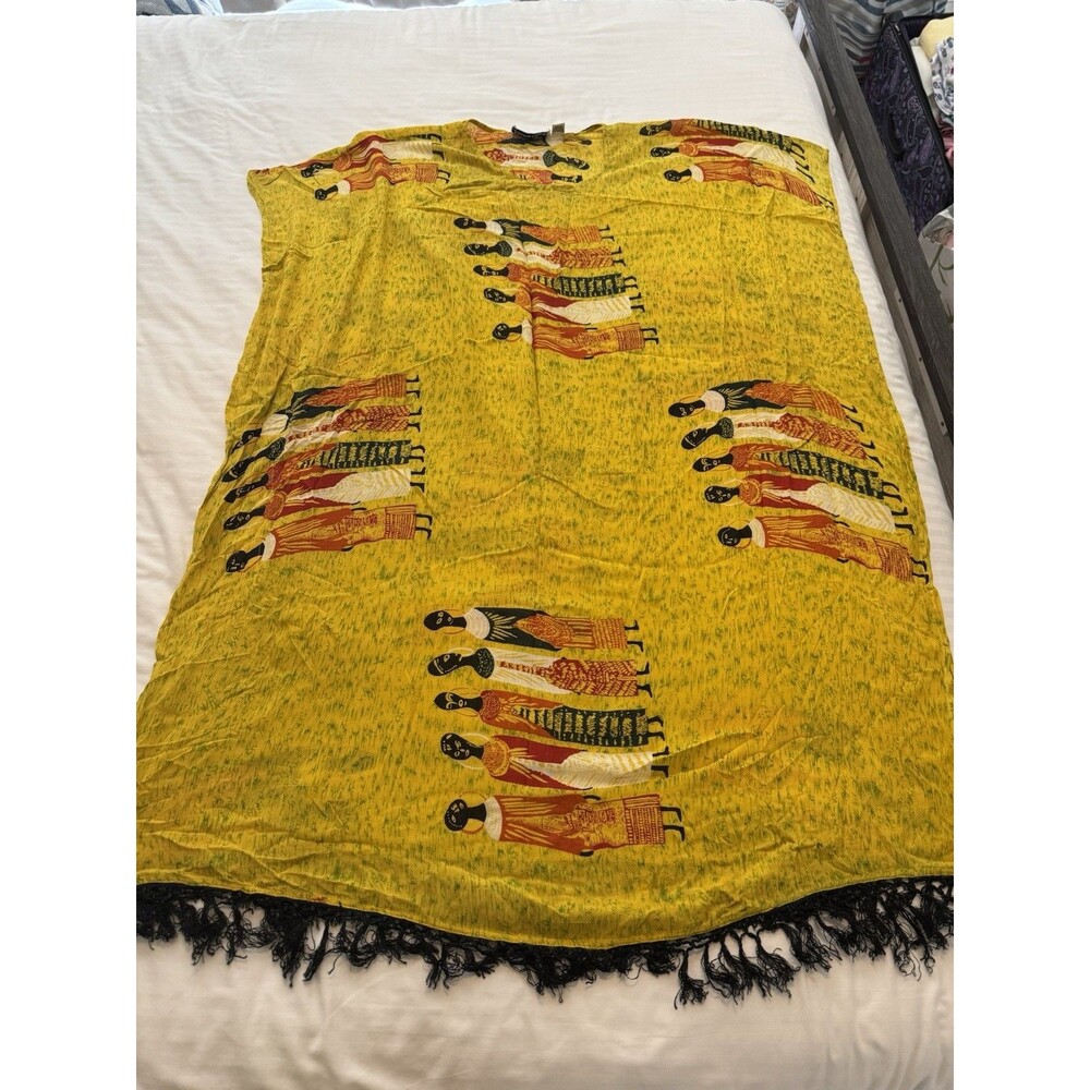 Vintage Jessica Taylor Dashiki Top Tunic - 100% Rayon Yellow With Black Fringe